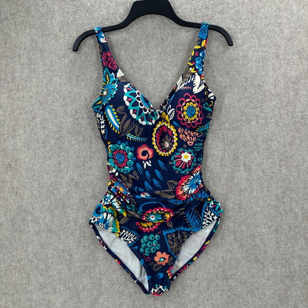 Boden One Piece Swimsuit Womens Size 6 Navy Blue Floral Ruched V-Neck